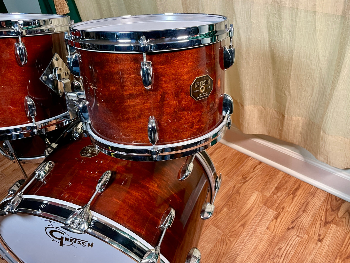 1970s Gretsch Stop Sign Badge Drum Set Mahogany Lacquer 22/12/13/16