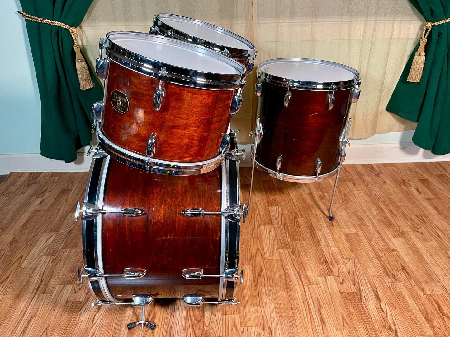 1970s Gretsch Stop Sign Badge Drum Set Mahogany Lacquer 22/12/13/16