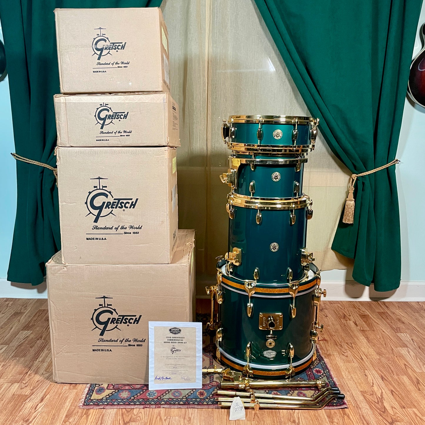 NOS Gretsch USA 125th Anniversary Progressive Bop Drum Set Cadillac Green Gold Hardware 18/12/14 4.5x14 Snare