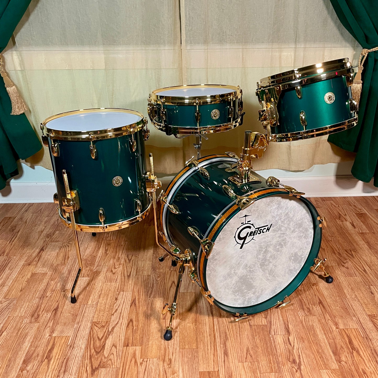 NOS Gretsch USA 125th Anniversary Progressive Bop Drum Set Cadillac Green Gold Hardware 18/12/14 4.5x14 Snare