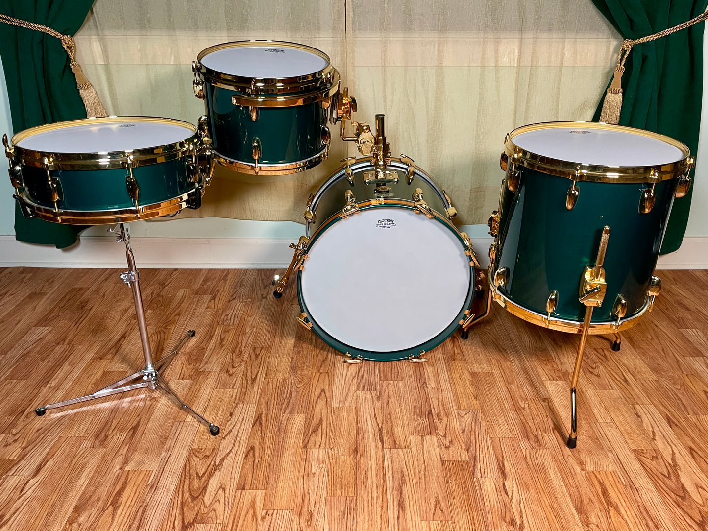 NOS Gretsch USA 125th Anniversary Progressive Bop Drum Set Cadillac Green Gold Hardware 18/12/14 4.5x14 Snare