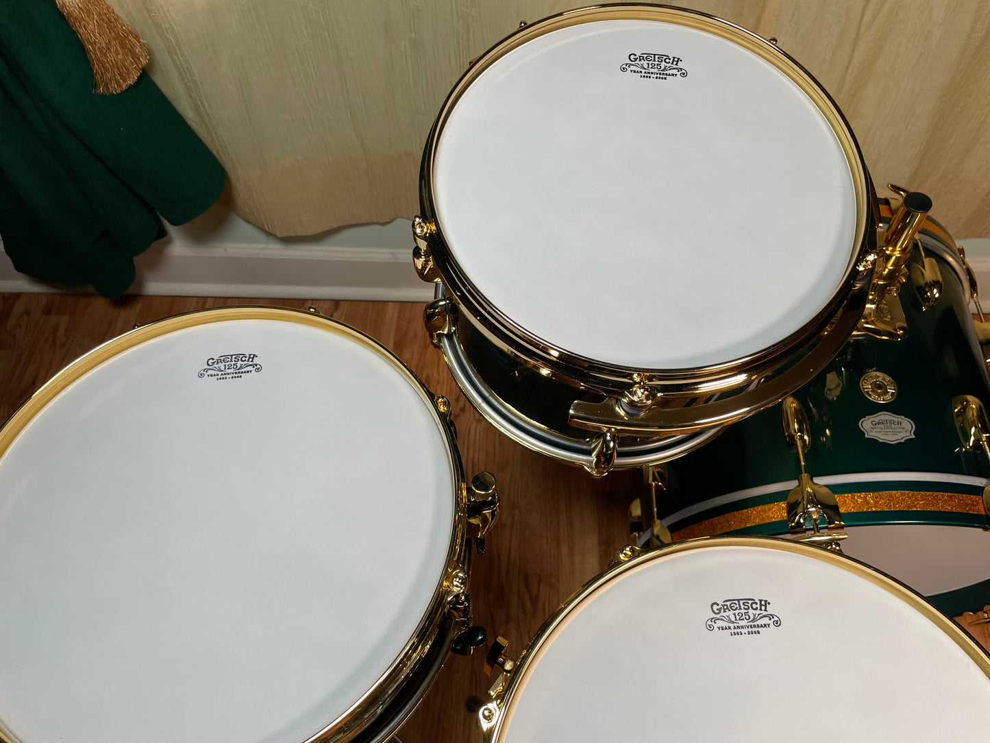 NOS Gretsch USA 125th Anniversary Progressive Bop Drum Set Cadillac Green Gold Hardware 18/12/14 4.5x14 Snare