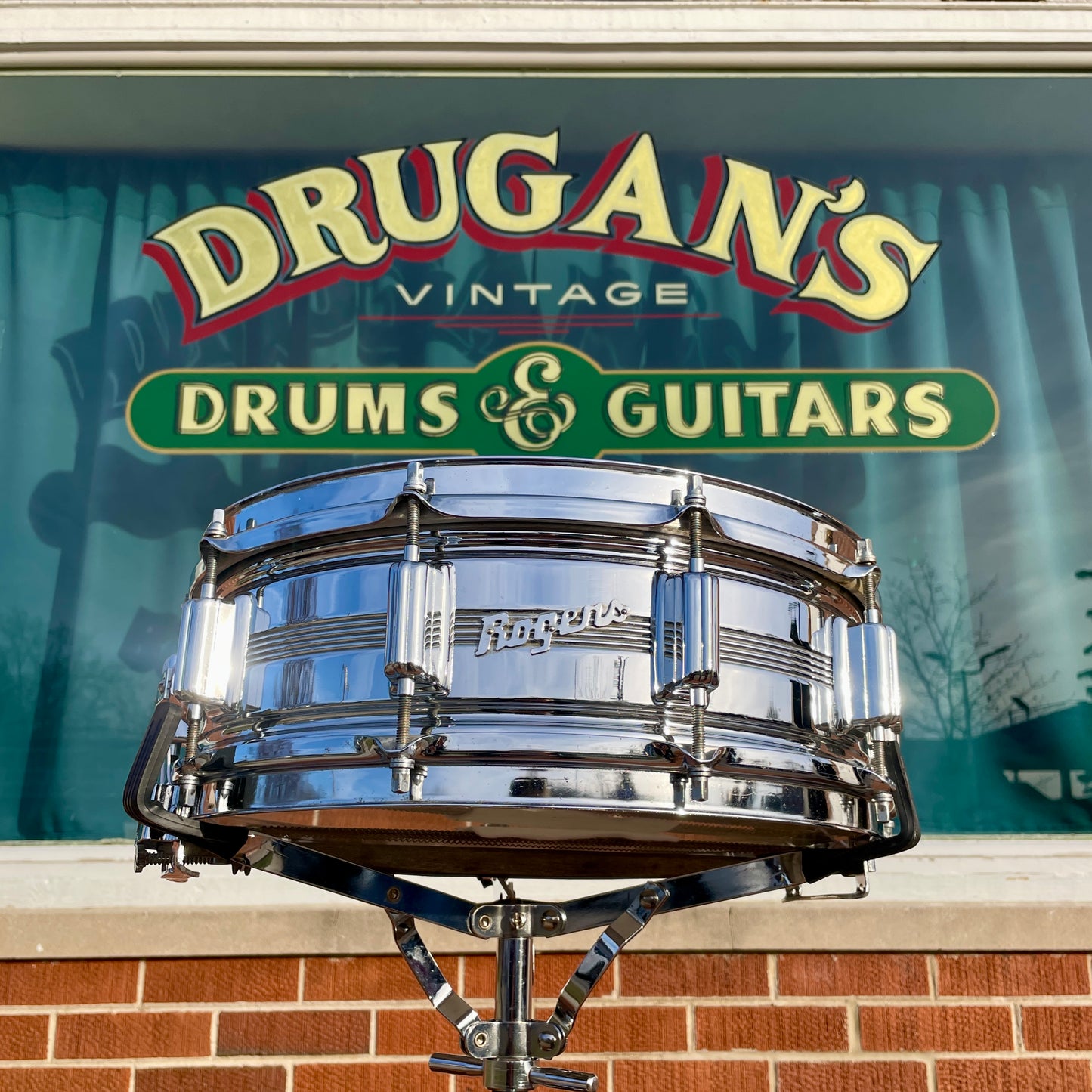 1960s Rogers 5x14 Dyna-Sonic 5-Line Snare Drum Chrome Over Brass Dynasonic COB