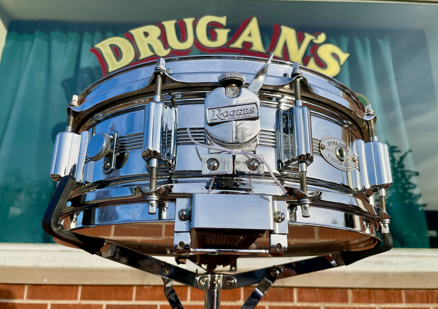 1960s Rogers 5x14 Dyna-Sonic 5-Line Snare Drum Chrome Over Brass Dynasonic COB