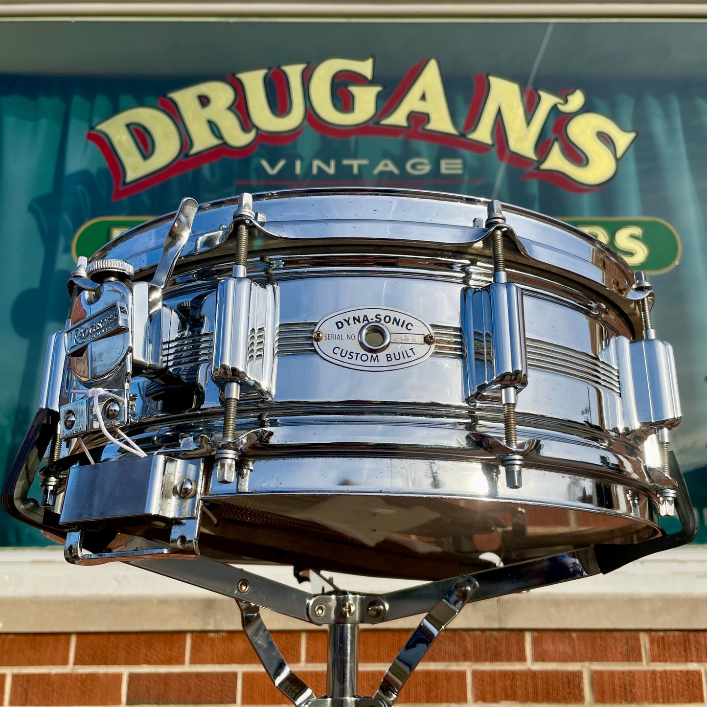 1960s Rogers 5x14 Dyna-Sonic 5-Line Snare Drum Chrome Over Brass Dynasonic COB