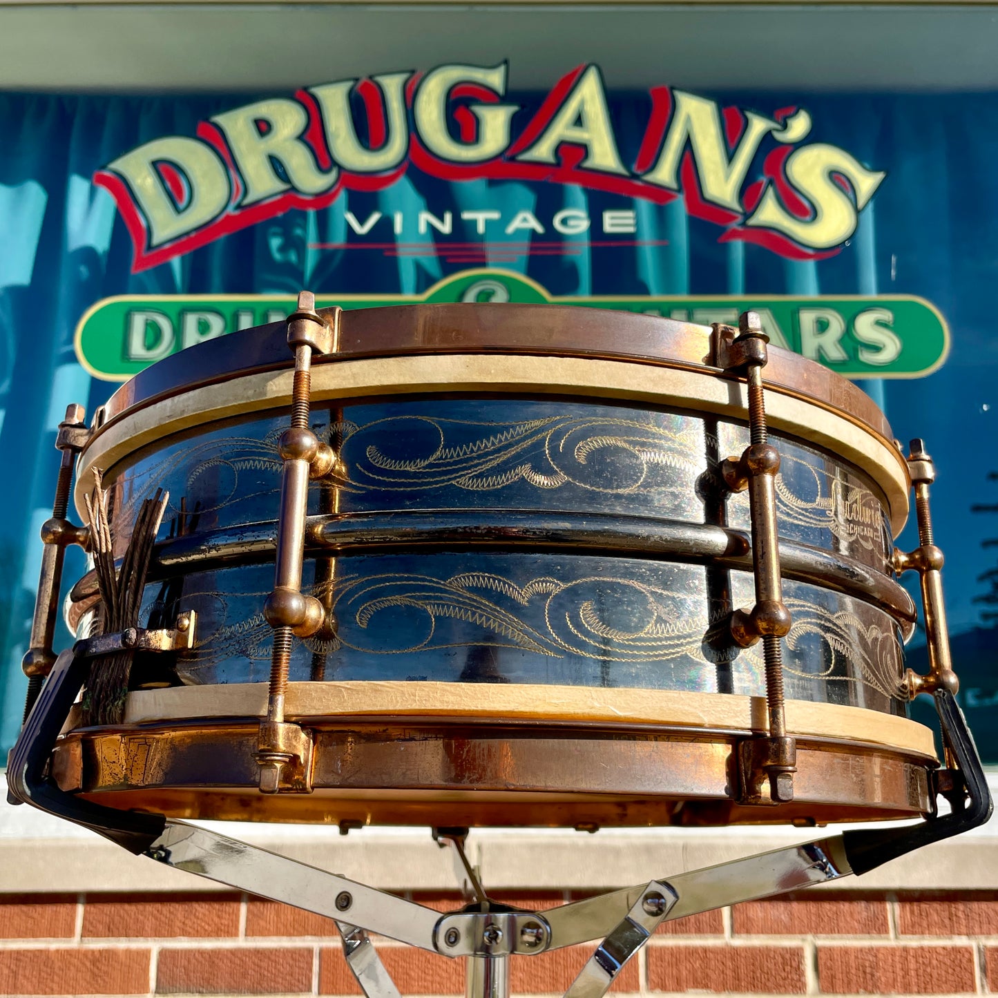 1920s Ludwig 5x14 Engraved DeLuxe Black Beauty 8-Lug Snare Drum