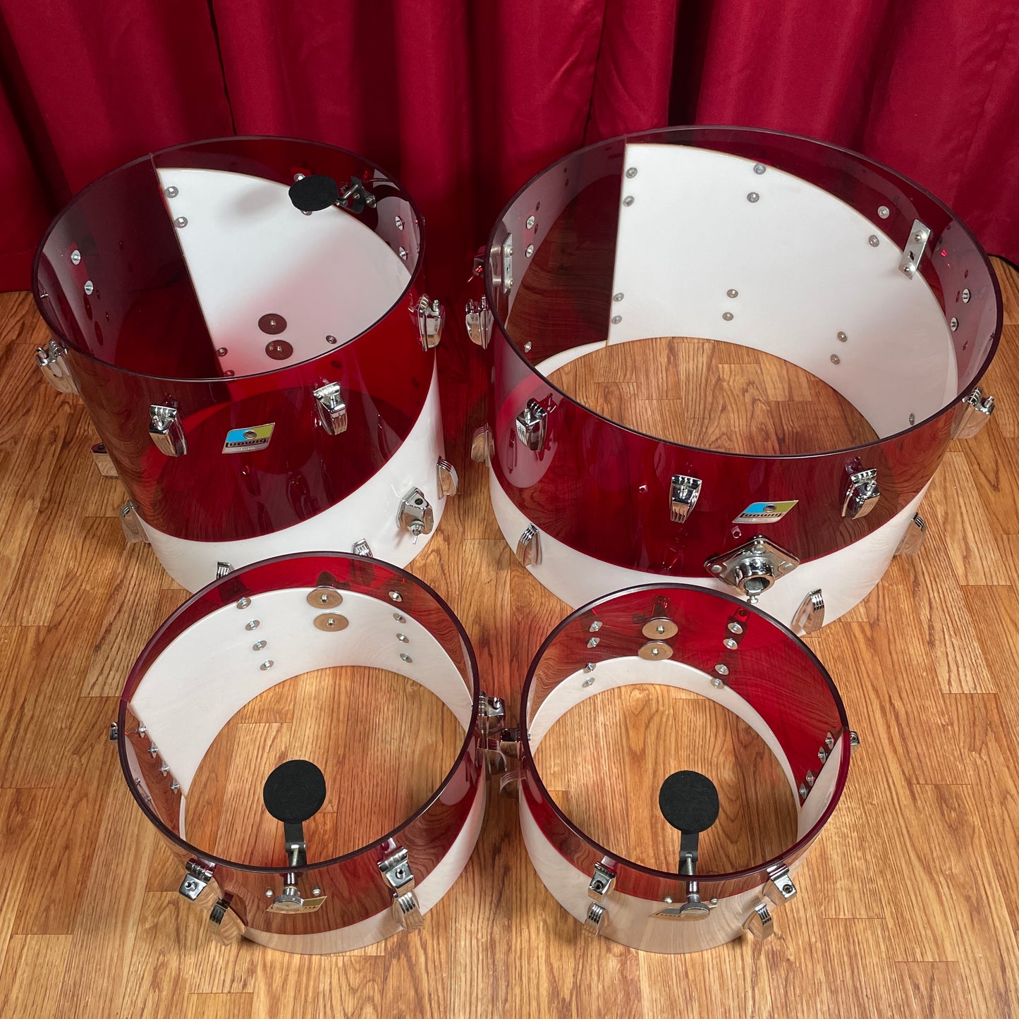 1970s Ludwig Vistalite Drum Set Red/White 2-Band Swirl Pattern E 22/12/13/16