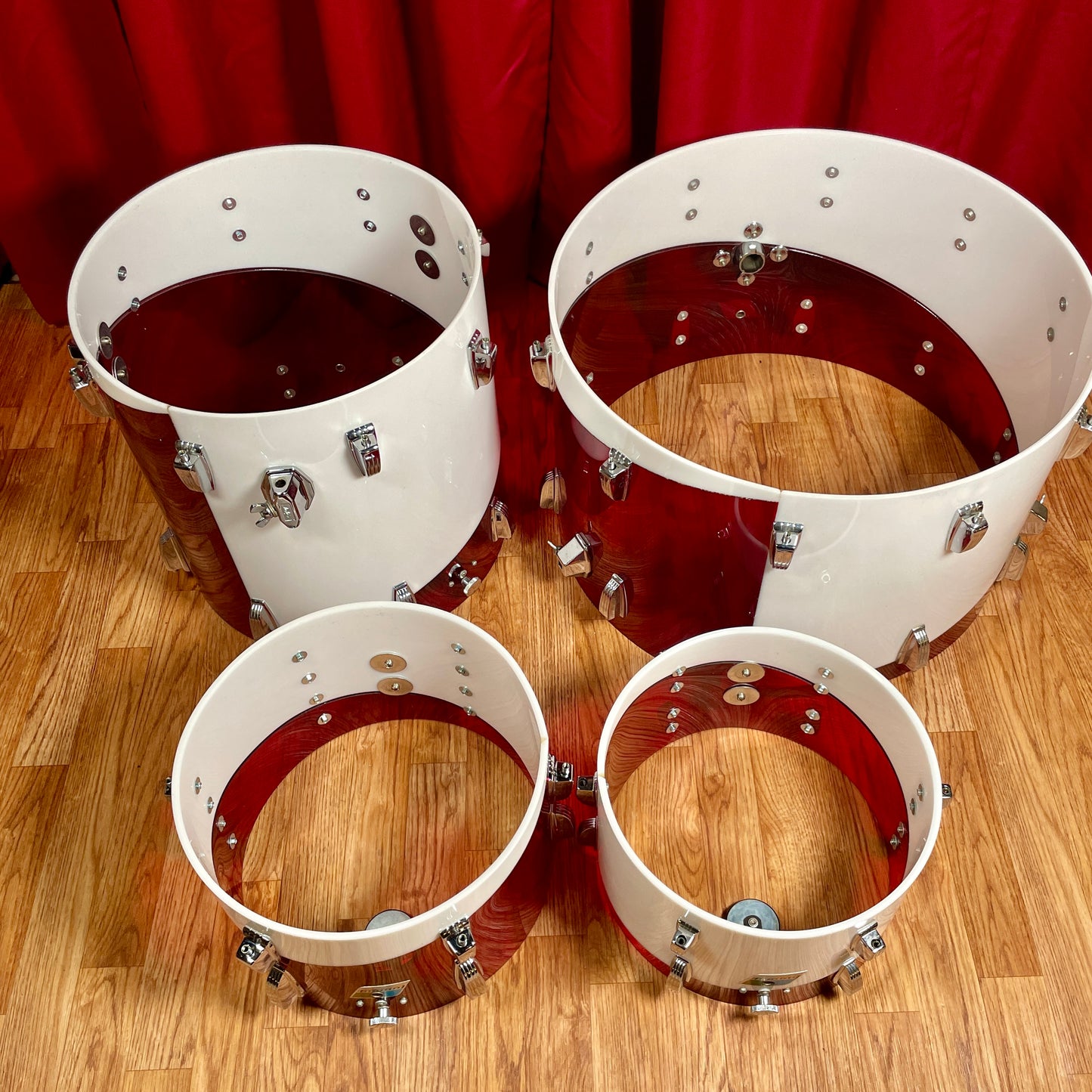 1970s Ludwig Vistalite Drum Set Red/White 2-Band Swirl Pattern E 22/12/13/16