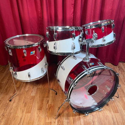 1970s Ludwig Vistalite Drum Set Red/White 2-Band Swirl Pattern E 22/12/13/16