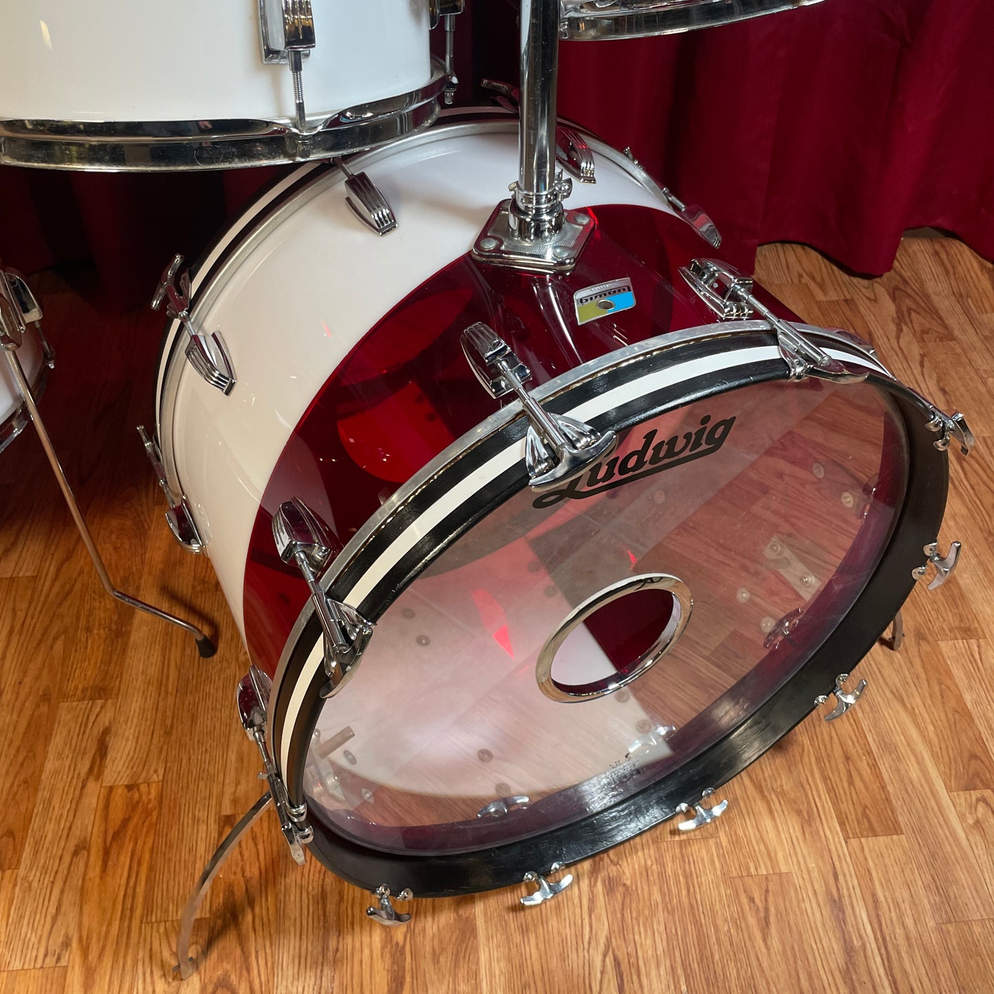 1970s Ludwig Vistalite Drum Set Red/White 2-Band Swirl Pattern E 22/12/13/16
