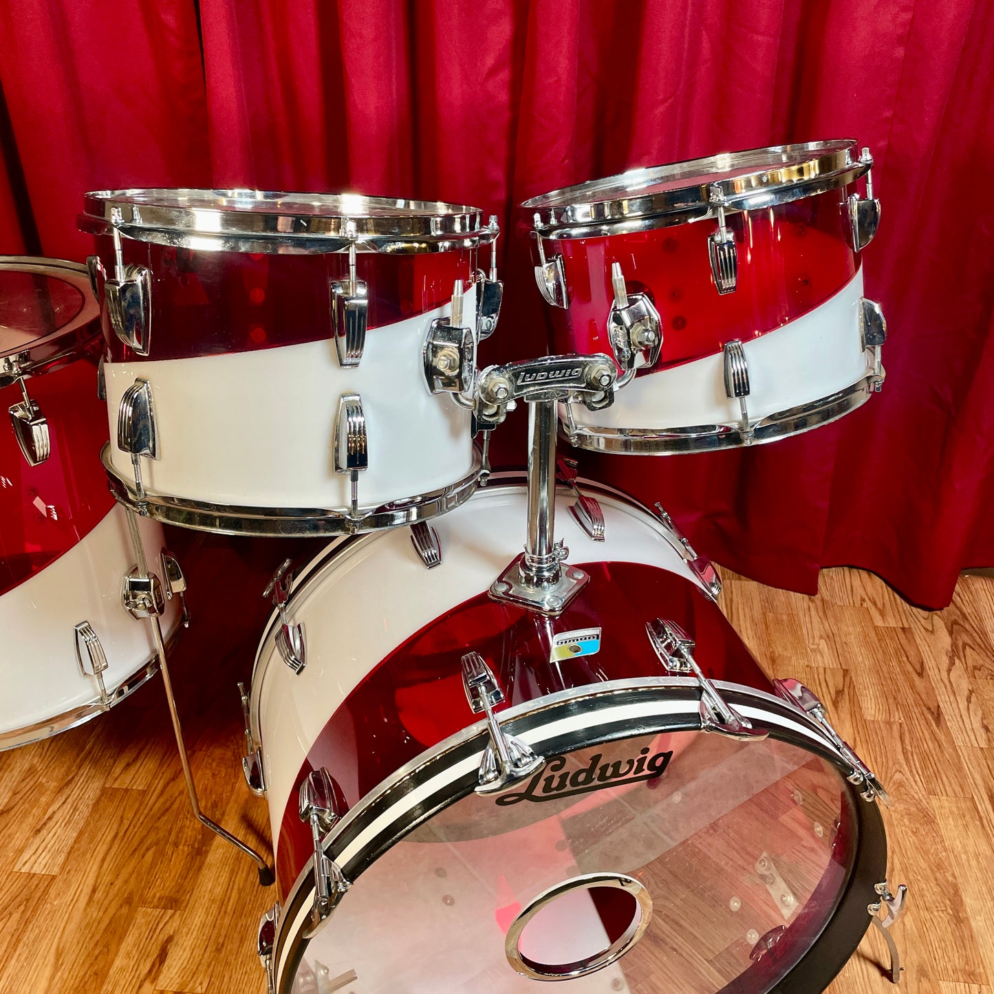 1970s Ludwig Vistalite Drum Set Red/White 2-Band Swirl Pattern E 22/12/13/16