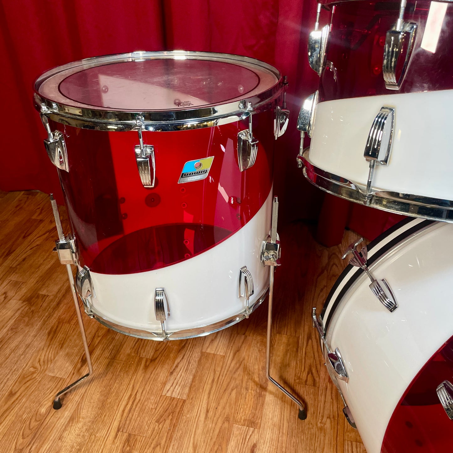 1970s Ludwig Vistalite Drum Set Red/White 2-Band Swirl Pattern E 22/12/13/16