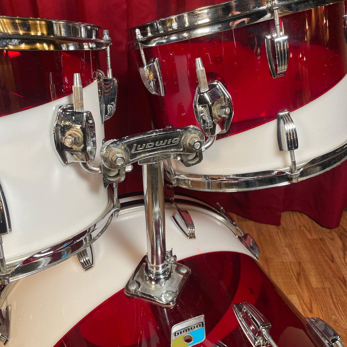 1970s Ludwig Vistalite Drum Set Red/White 2-Band Swirl Pattern E 22/12/13/16