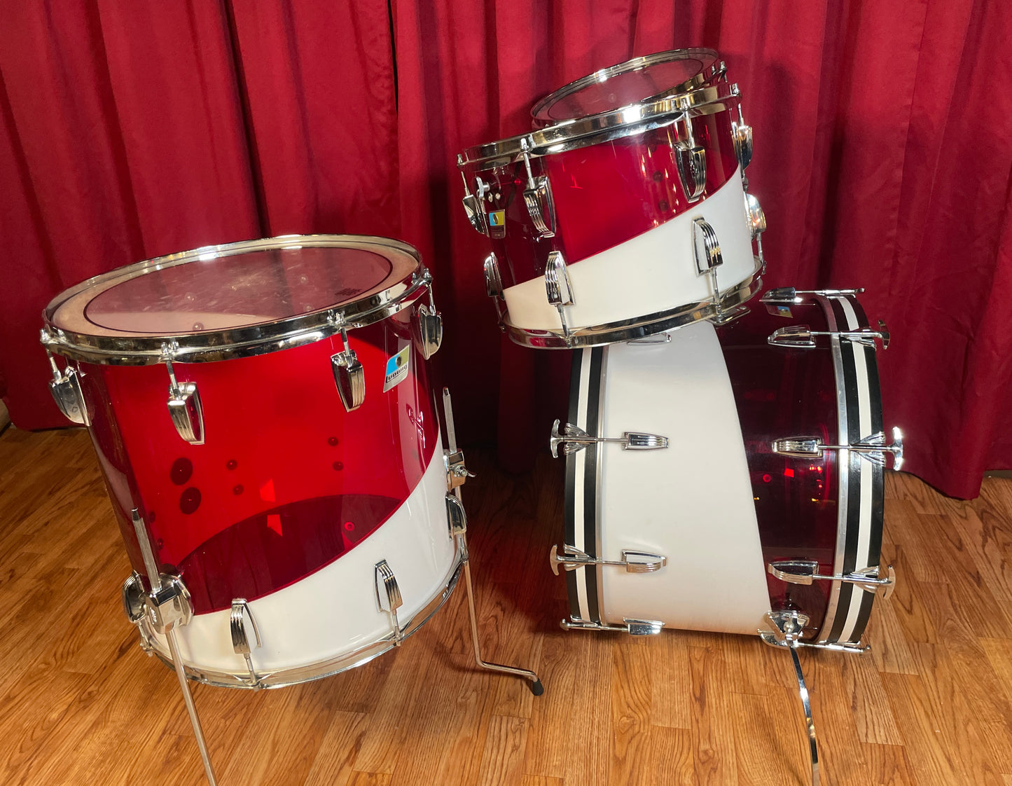 1970s Ludwig Vistalite Drum Set Red/White 2-Band Swirl Pattern E 22/12/13/16