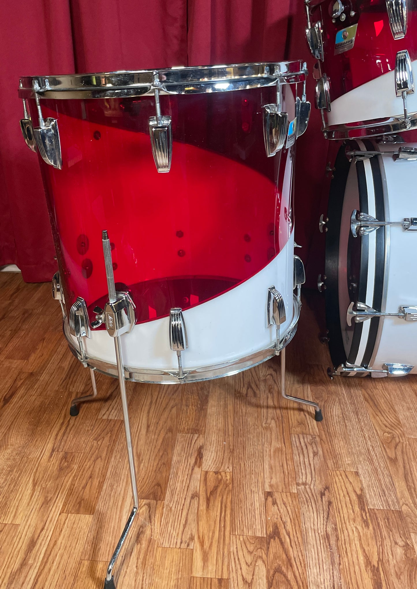 1970s Ludwig Vistalite Drum Set Red/White 2-Band Swirl Pattern E 22/12/13/16