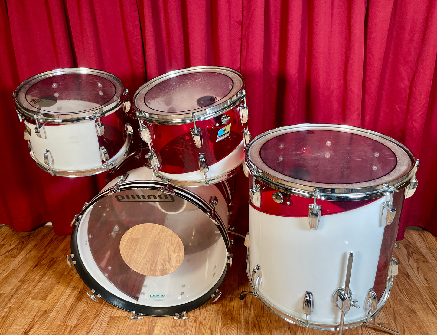 1970s Ludwig Vistalite Drum Set Red/White 2-Band Swirl Pattern E 22/12/13/16