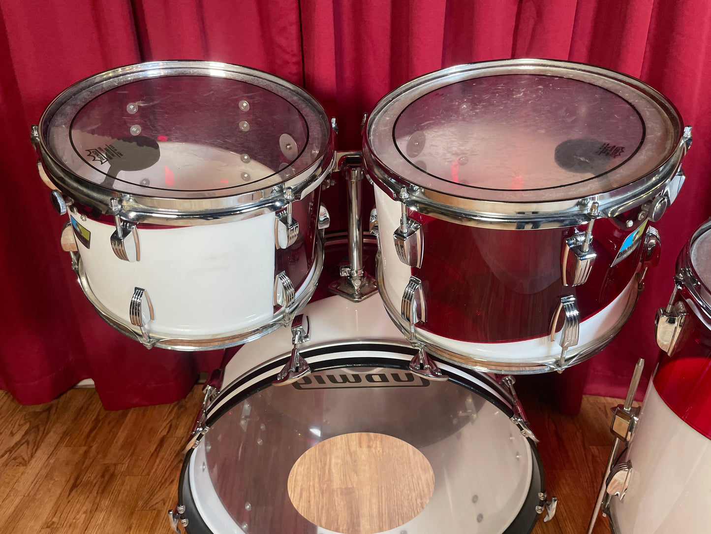 1970s Ludwig Vistalite Drum Set Red/White 2-Band Swirl Pattern E 22/12/13/16