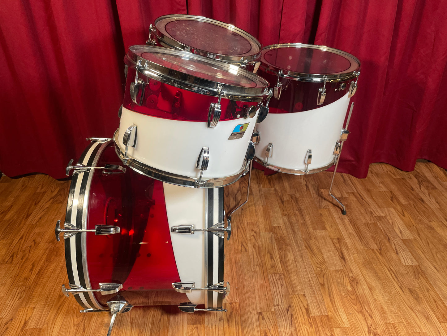 1970s Ludwig Vistalite Drum Set Red/White 2-Band Swirl Pattern E 22/12/13/16