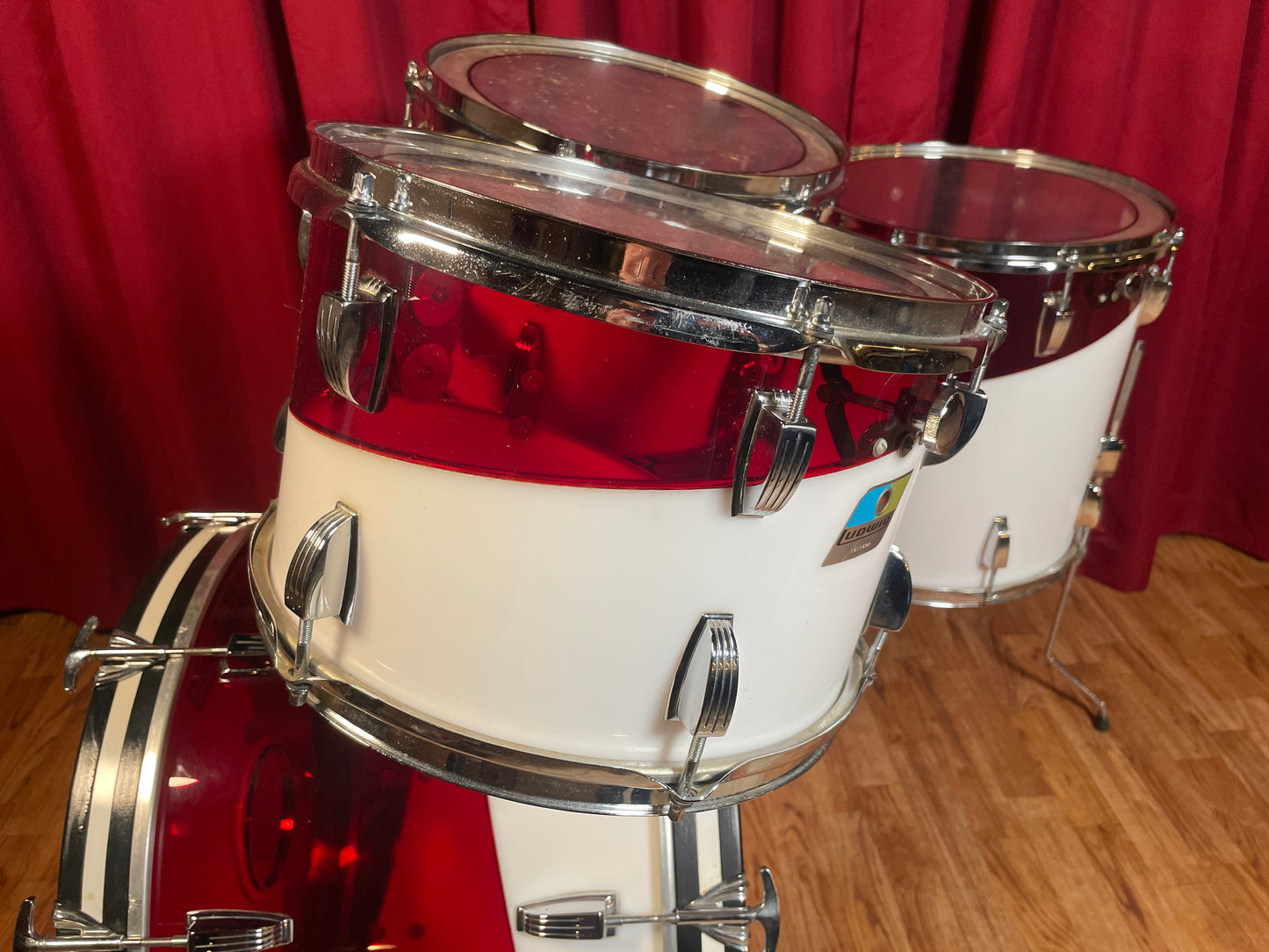 1970s Ludwig Vistalite Drum Set Red/White 2-Band Swirl Pattern E 22/12/13/16