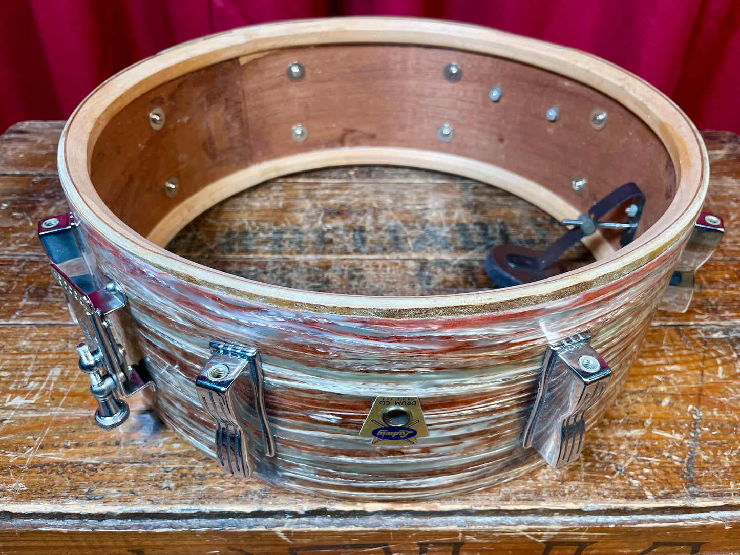 1960 Ludwig No. 908P Jazz Festival 5x14 Snare Drum Oyster Pink Pearl Trans Badge COB