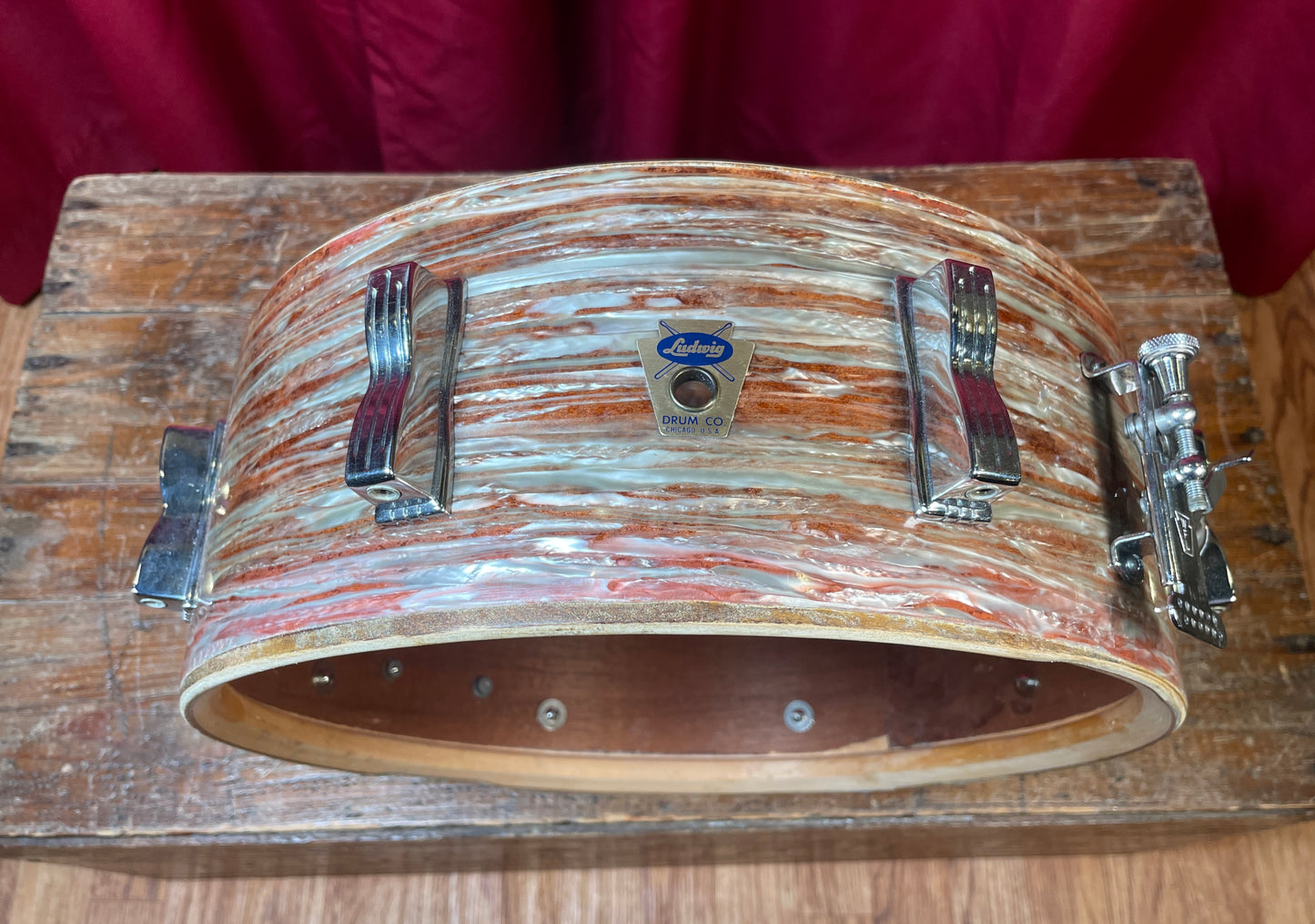 1960 Ludwig No. 908P Jazz Festival 5x14 Snare Drum Oyster Pink Pearl Trans Badge COB