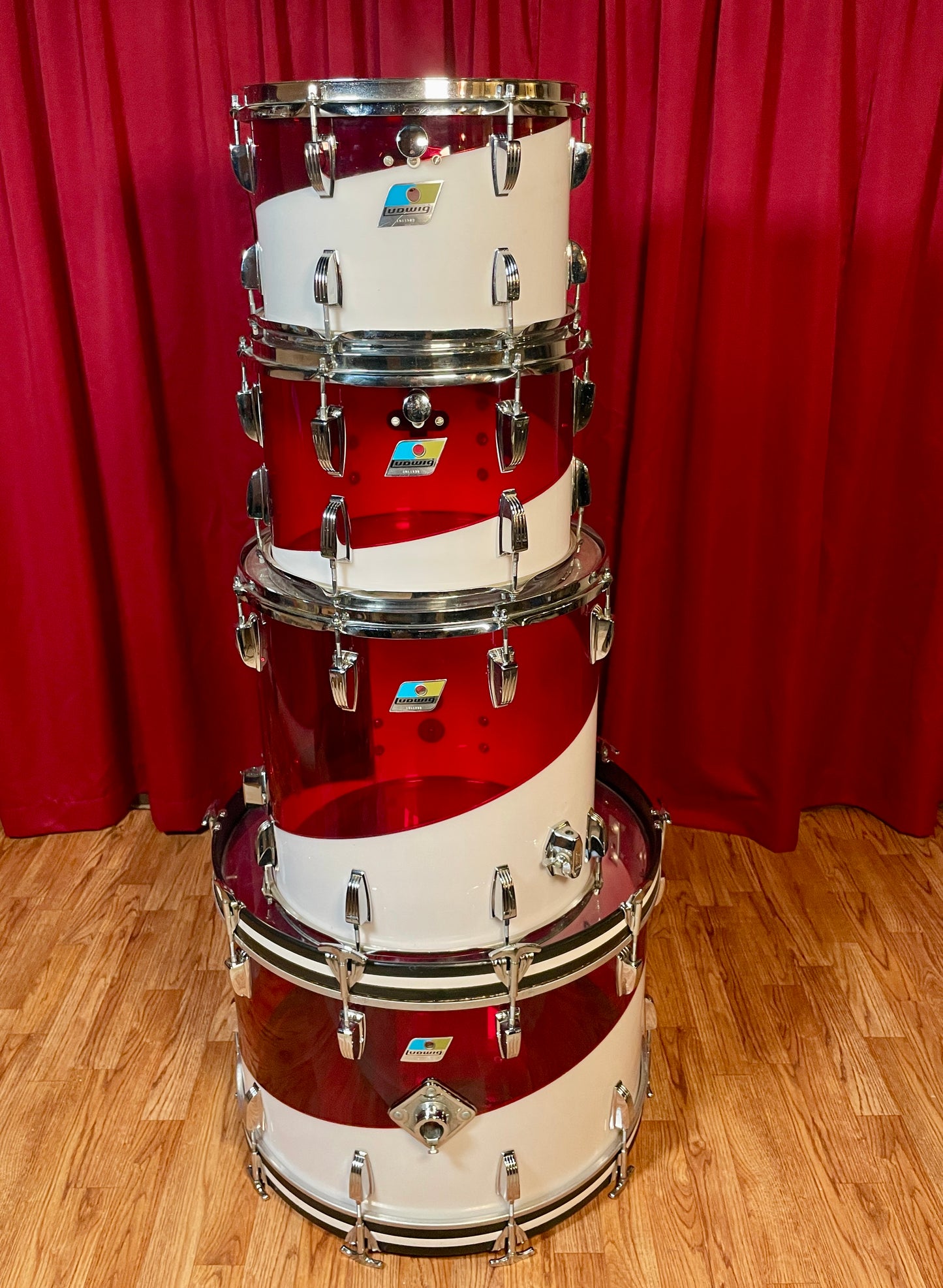 1970s Ludwig Vistalite Drum Set Red/White 2-Band Swirl Pattern E 22/12/13/16