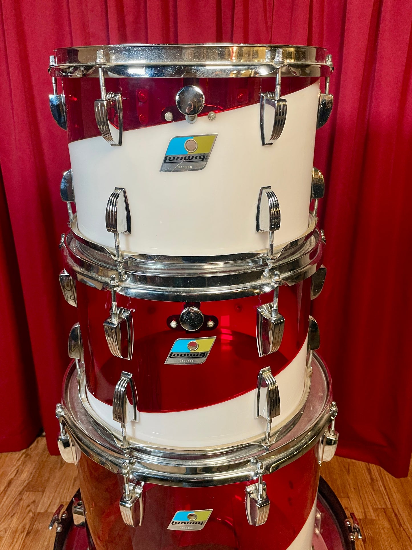 1970s Ludwig Vistalite Drum Set Red/White 2-Band Swirl Pattern E 22/12/13/16