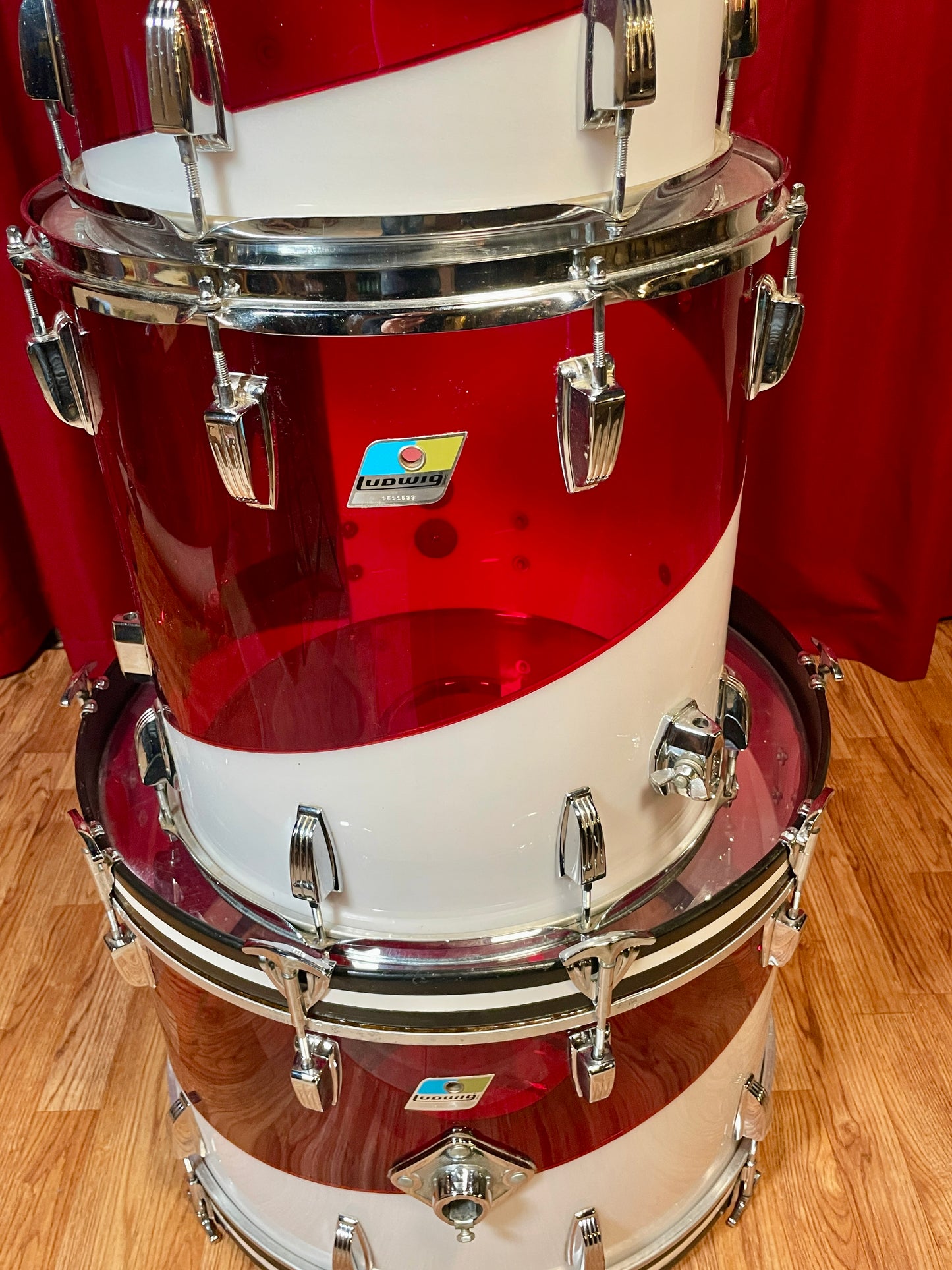 1970s Ludwig Vistalite Drum Set Red/White 2-Band Swirl Pattern E 22/12/13/16