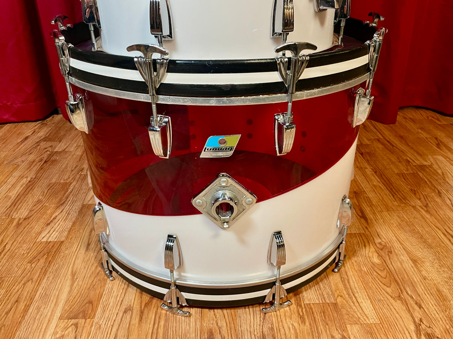 1970s Ludwig Vistalite Drum Set Red/White 2-Band Swirl Pattern E 22/12/13/16
