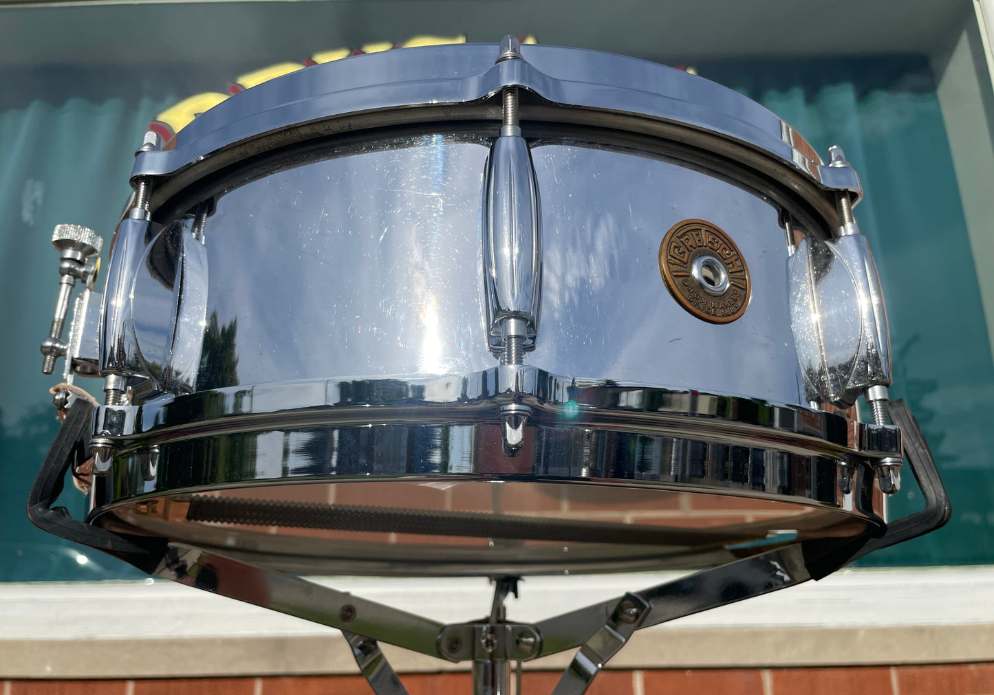 1960s Gretsch 5x14 Model 4160 Chrome Over Brass Snare Drum Round Badge