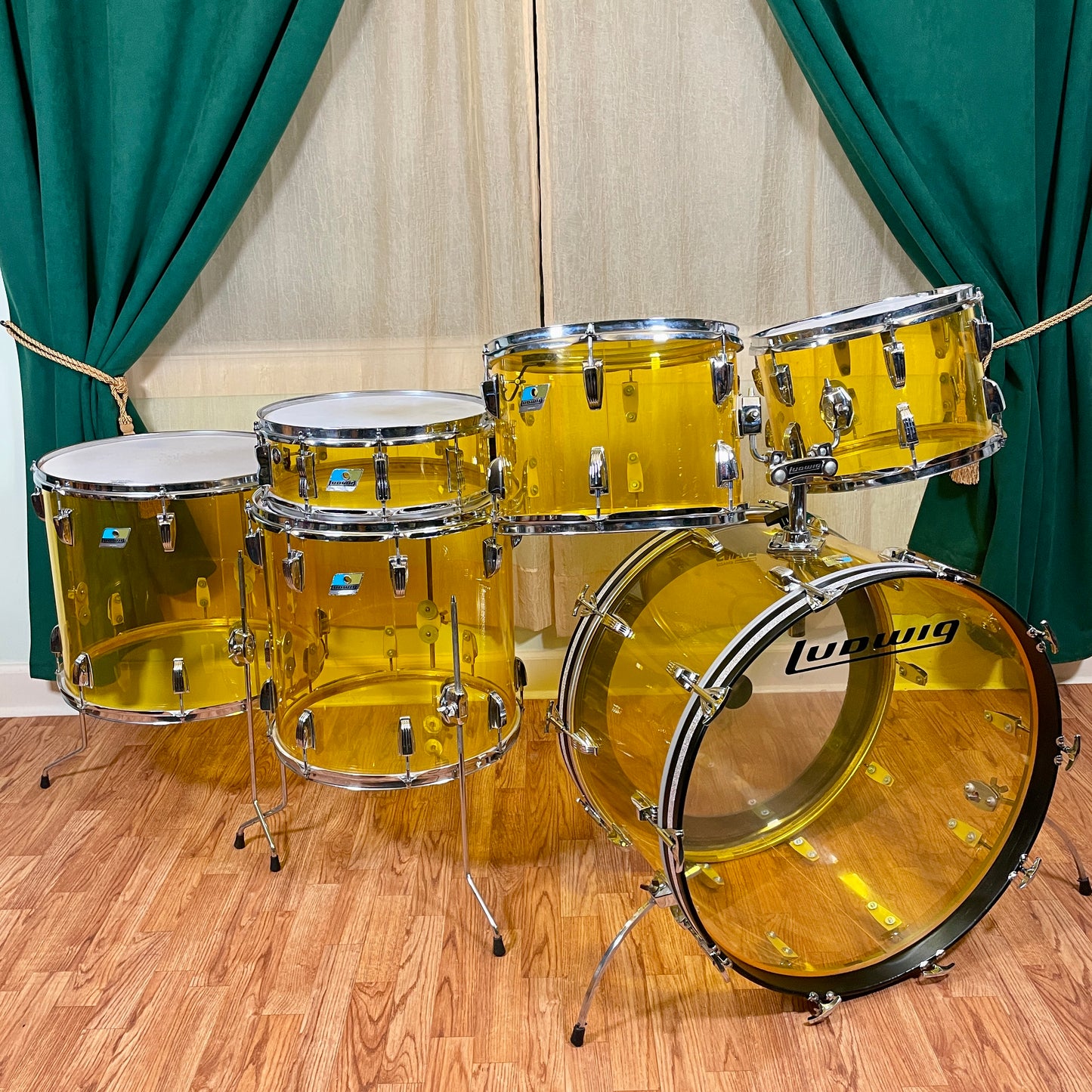 1970s Ludwig Yellow Vistalite Drum Set 24/13/14/16/18 w/ 5x14 Snare Drum