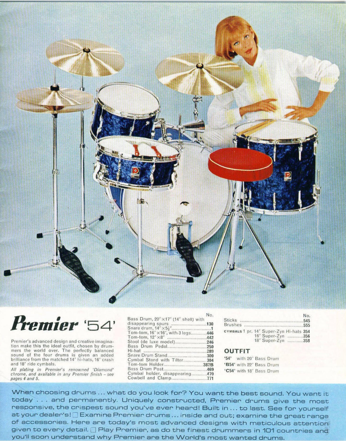 1960s Premier 54 Outfit Drum Set Blue Pearl 20/12/16 w/ 5.5x14 Snare