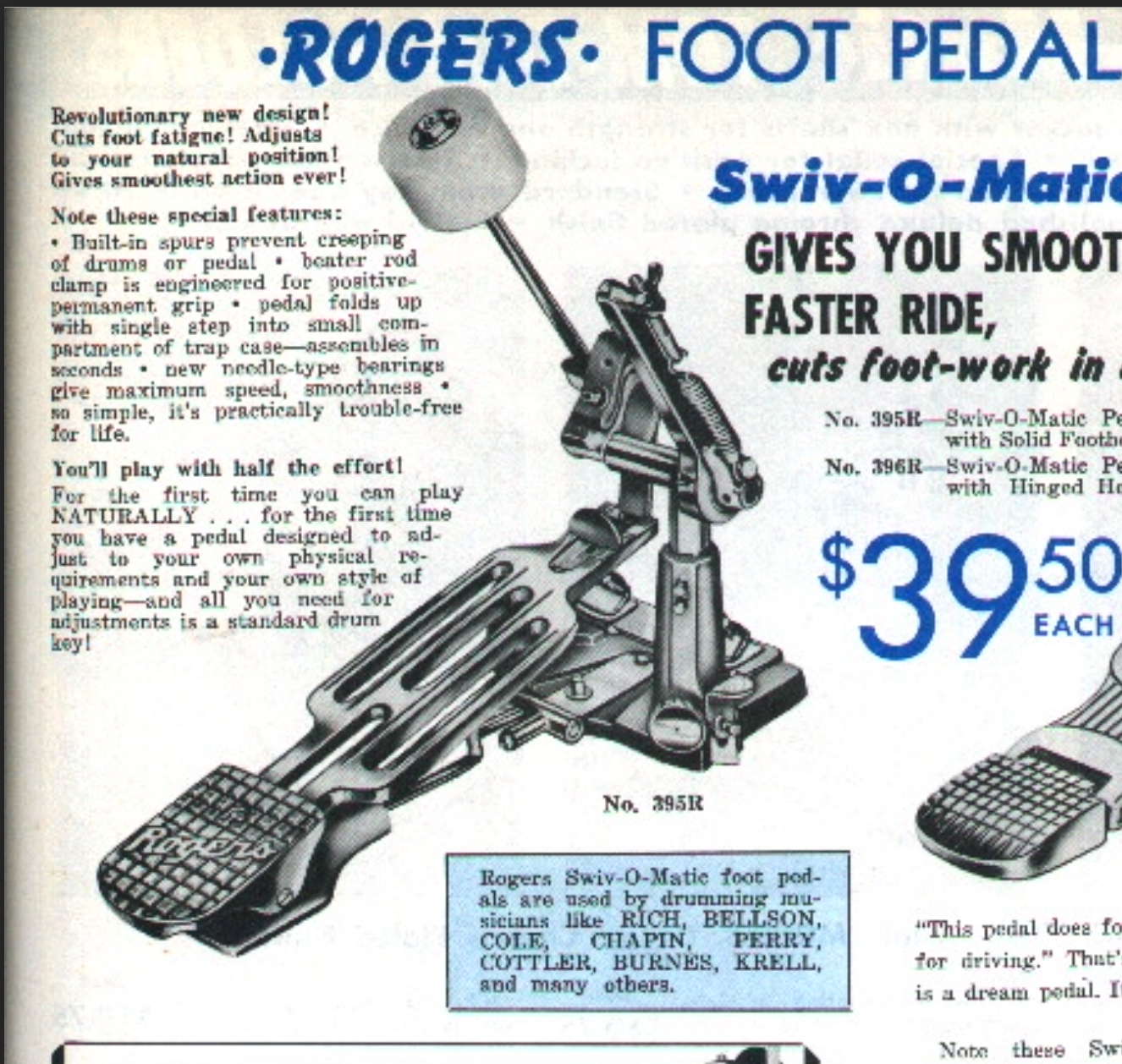 1960s Rogers No. 395R Swiv-O-Matic Solid Footboard Bass Drum Pedal