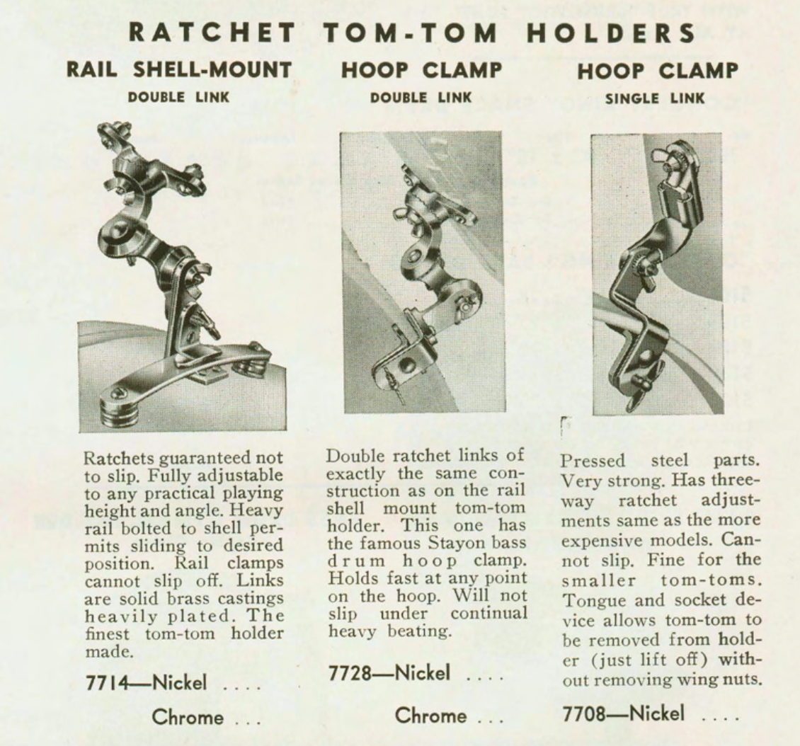 Leedy No. 7714 Rail Shell Mount Double Link Ratchet Tom Holder Nickel