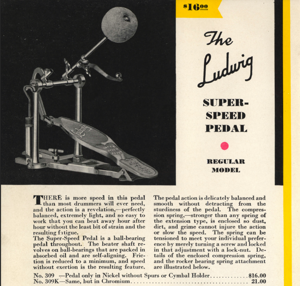 1930s Ludwig No. 309K Super Speed Bass Drum Pedal Chrome Regular Model