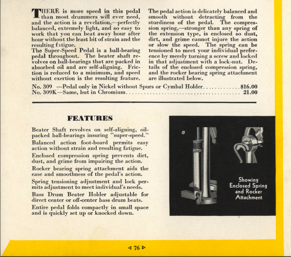 1930s Ludwig No. 309K Super Speed Bass Drum Pedal Chrome Regular Model