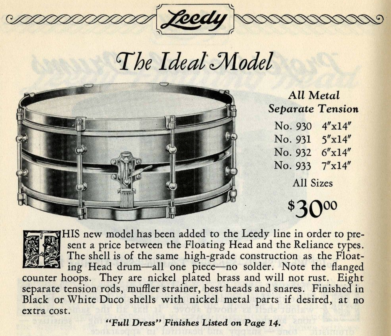 1920s Leedy 5x14 Ideal Model No. 931 8 Lug Snare Drum NOB w/ Original Case
