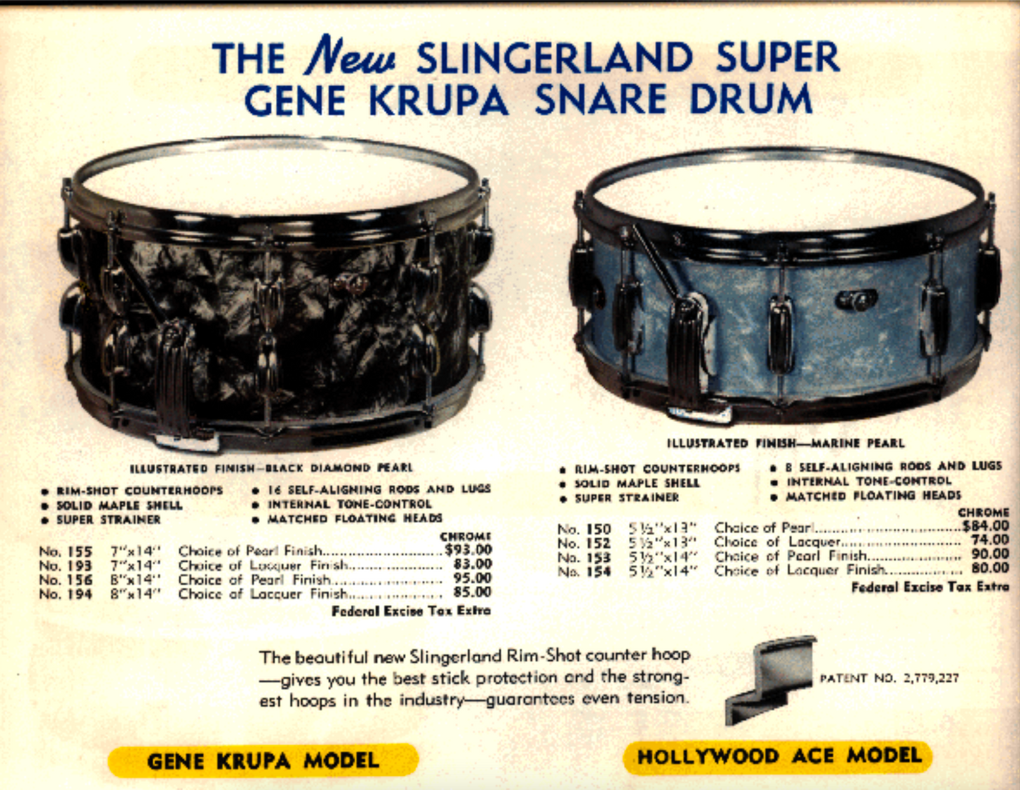 1959-1961 Slingerland 5.5x14 Super Gene Krupa Solid Shell Snare Drum Blue Sparkle