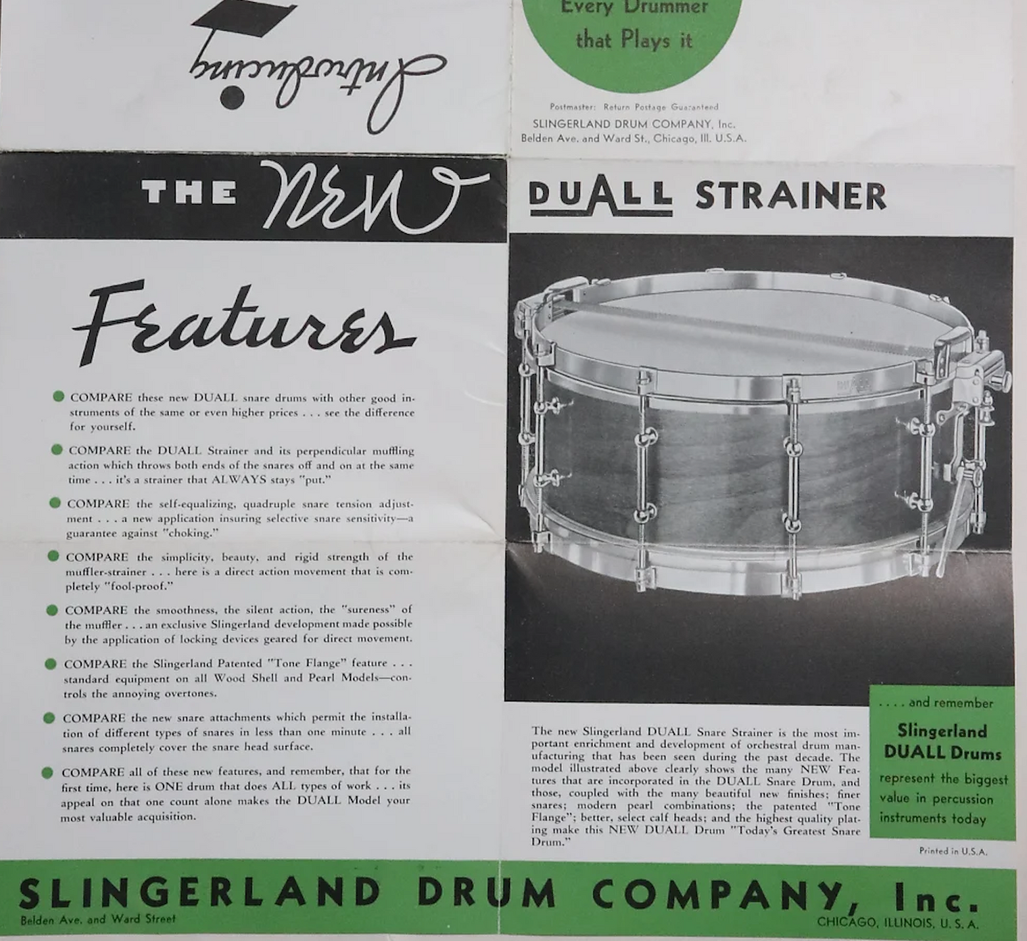 1933 Slingerland DUALL 5x14 Solid Shell No. 30 Snare Drum Black