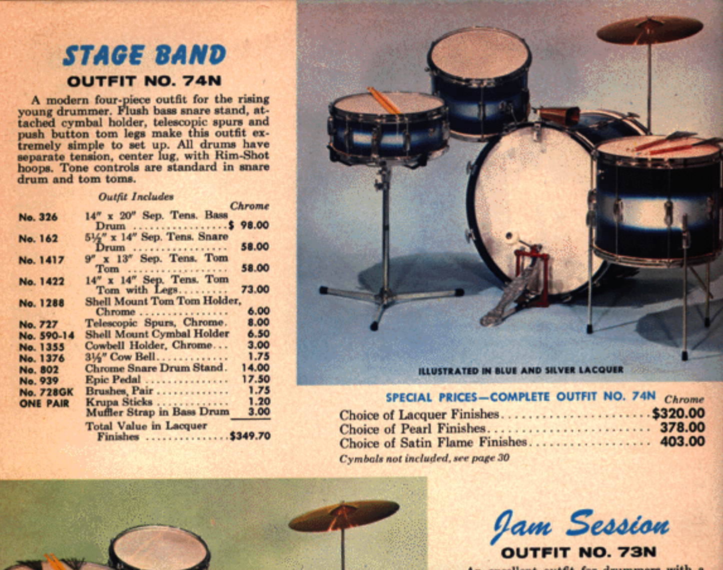 1960s Slingerland No. 74N Stage Band Drum Set Black Diamond Pearl 20/13/14