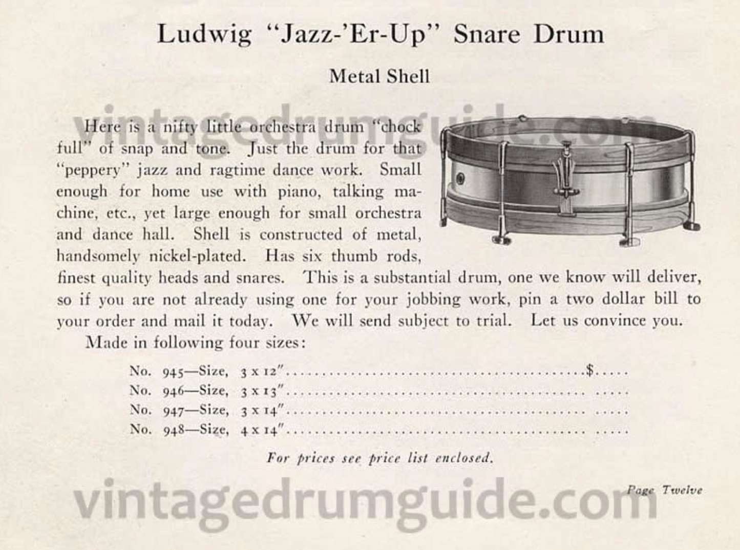 1920s Ludwig 3x12 "Jazz-'Er-Up" Model No. 945 Nickel Plated Snare