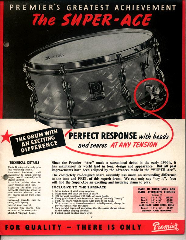 1950s Premier 5.5x14 Super Ace Snare Drum White Marine Pearl
