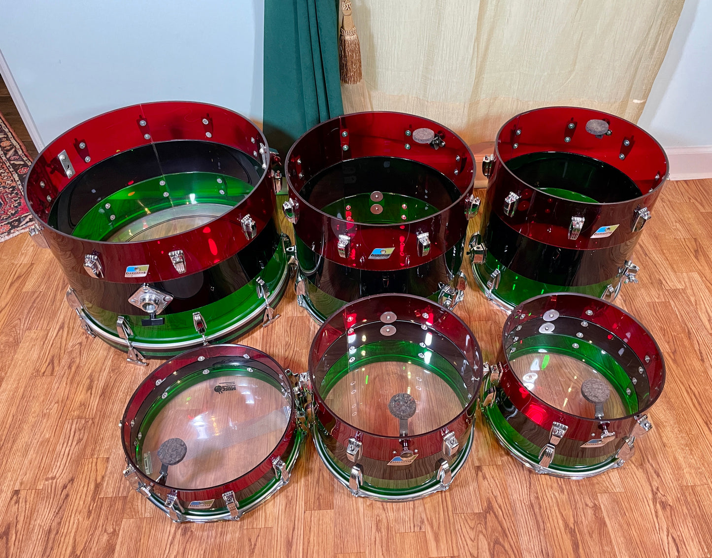 1970s Ludwig 6pc Vistalite Drum Set Red/Black/Green 22/13/14/16/18/5x14