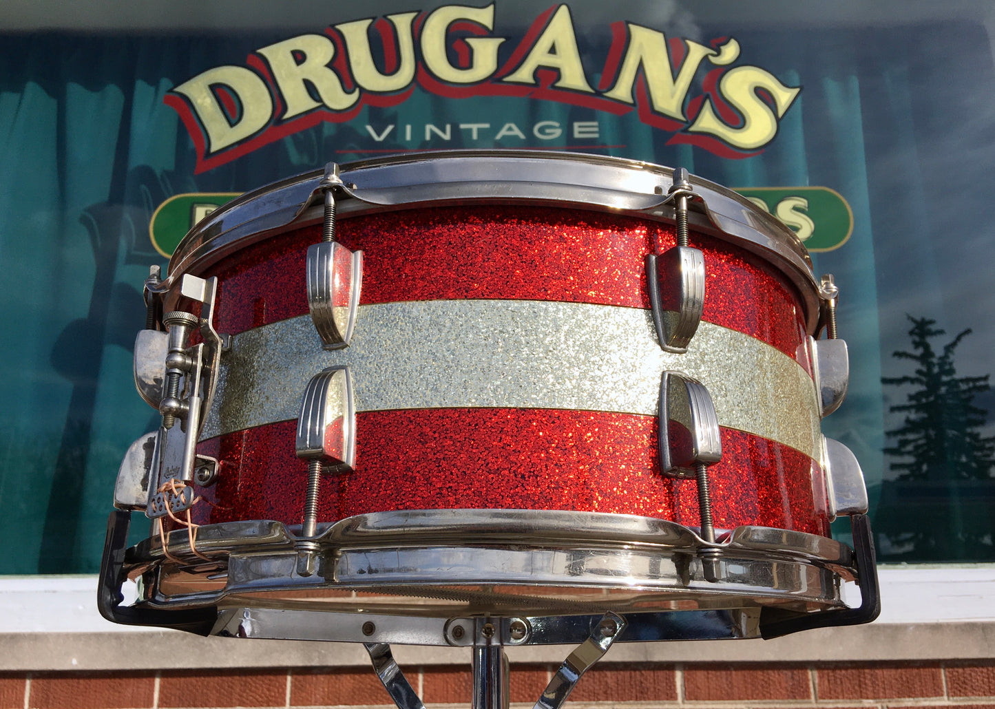 1961 Ludwig Pre-Serial # 6.5x15 School Festival Snare Drum Red Sparkle w/ Silver Sparkle Banding