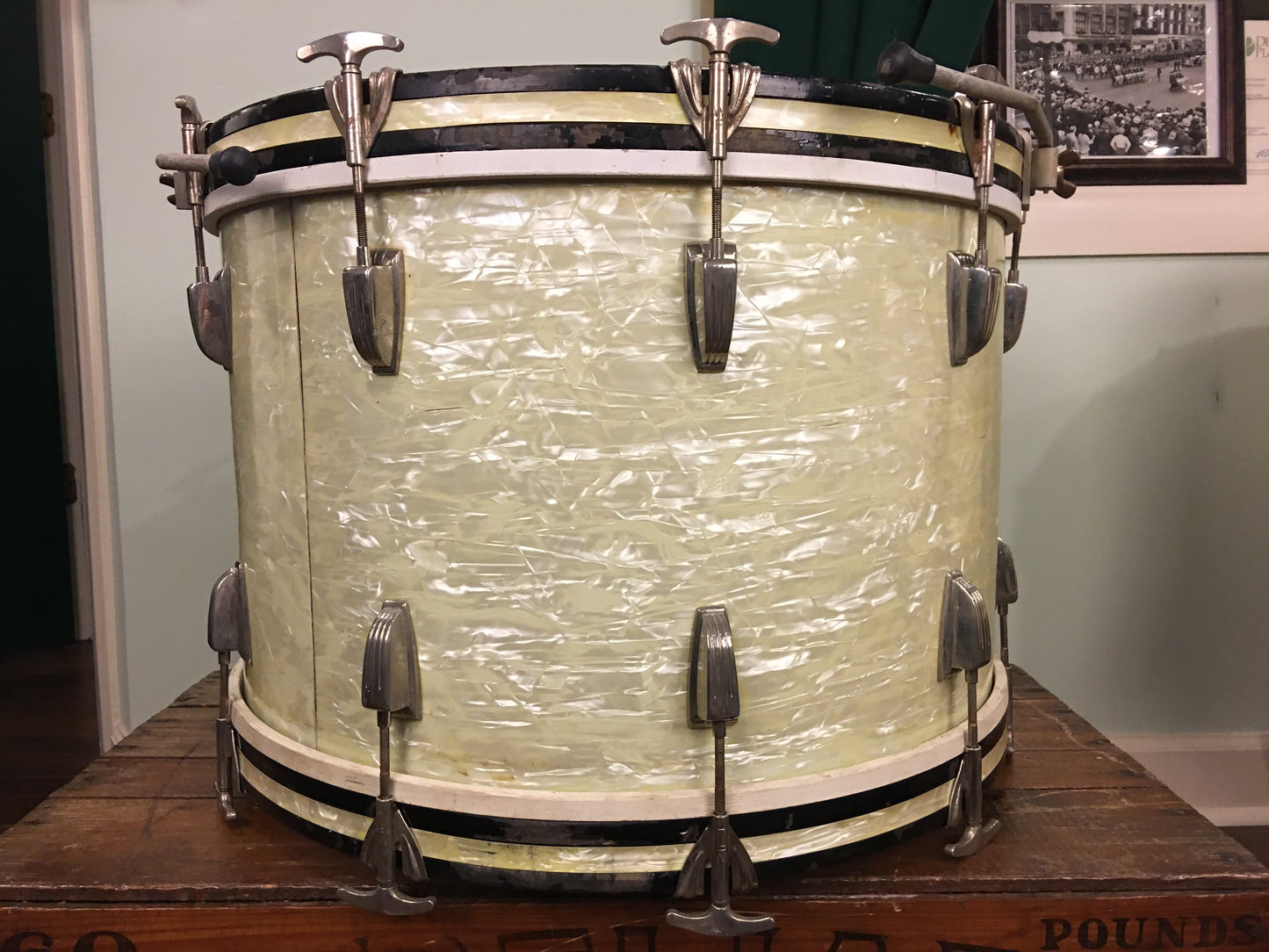 1948-52 WFL Ludwig 14x22 Virgin Bass Drum White Marine Pearl