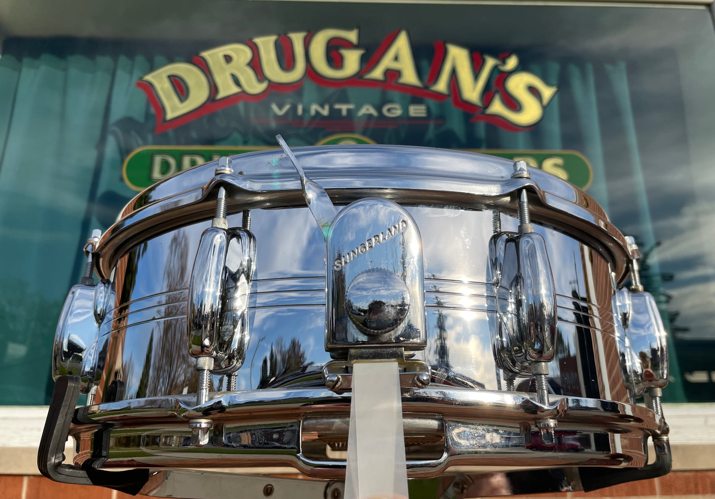 1970s Slingerland No. 130 Gene Krupa 5x14 Sound King Chrome Over Brass Snare Drum w/ Zoomatic Strainer