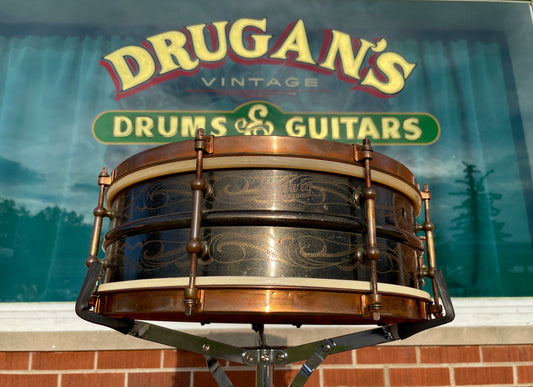 Vintage 1920s Ludwig 5x14 Scroll Engraved Black Beauty Snare Drum w/ Wm. F. Ludwig II Signature
