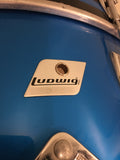 1970s Ludwig Silver Badge Quadra Plus 3 Ply Drum Set Blue Silk 22/13/14/15/16/18