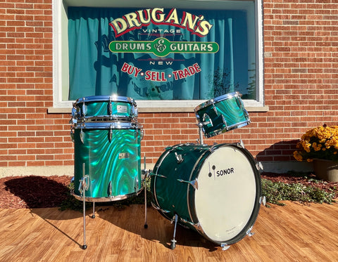 1960s Sonor Multi-Brilliant Teardrop Drum Set Turquoise Satin Flame Blue/Green 20/12/16/5x14 *Video Demo*