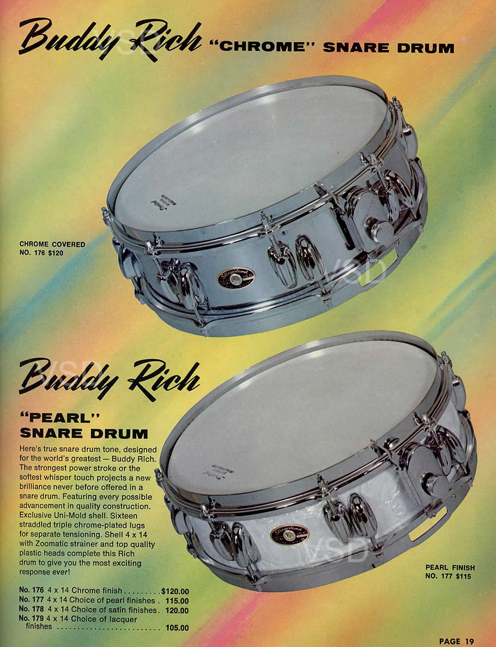 1970 Slingerland Buddy Rich 4X14 Chrome Over Wood 3 ply Snare Drum